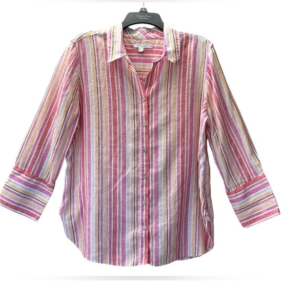 Chicos 100% Linen Striped Button Up Blouse Top Size M - Picture 2 of 11